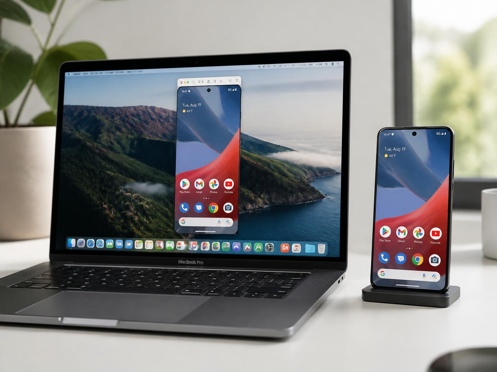 MacBook with a mirrored Android screen next to a Google Pixel phone
