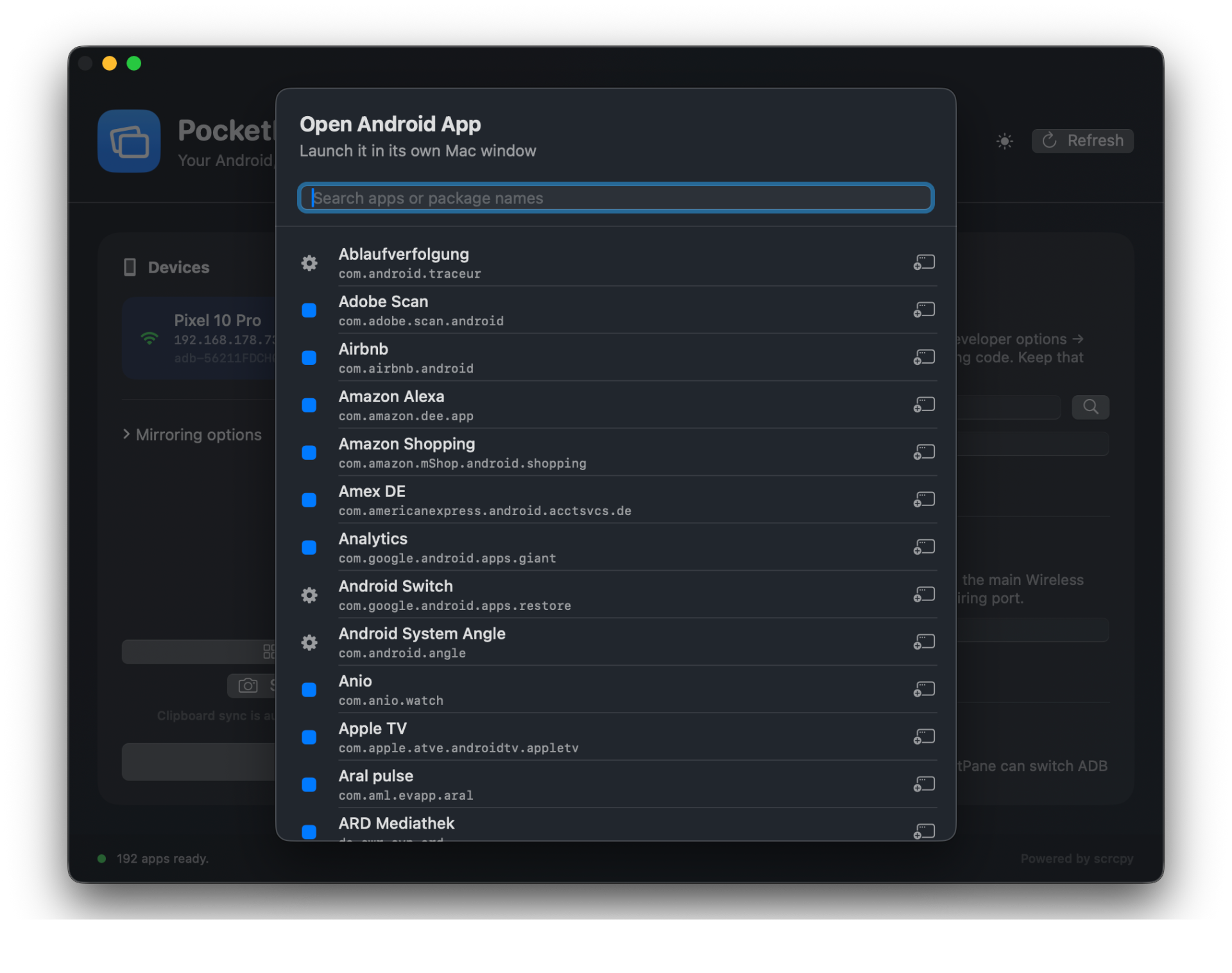 PocketPane app launcher with a search bar and a list of installed Android apps