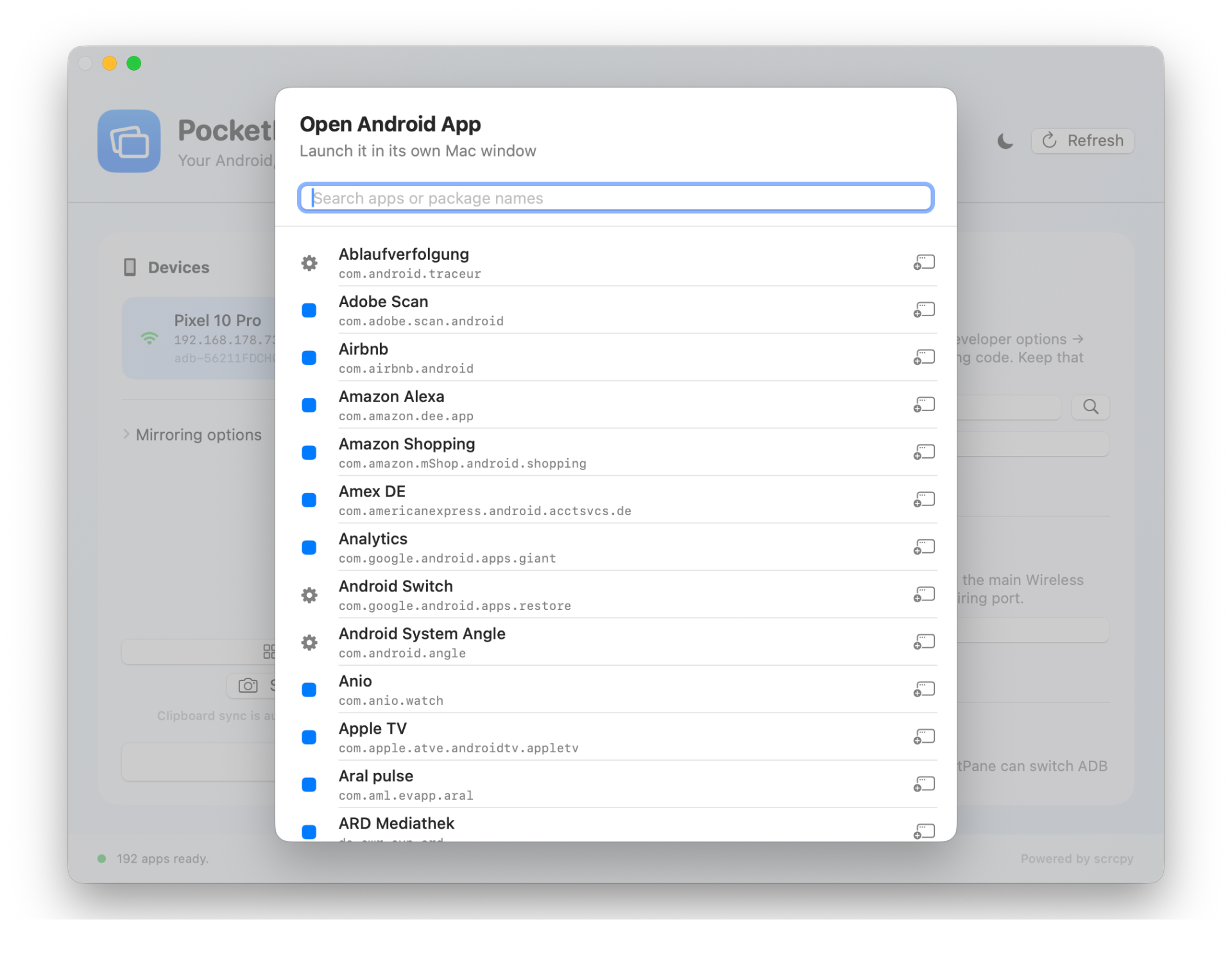 PocketPane app launcher with a search bar and a list of installed Android apps